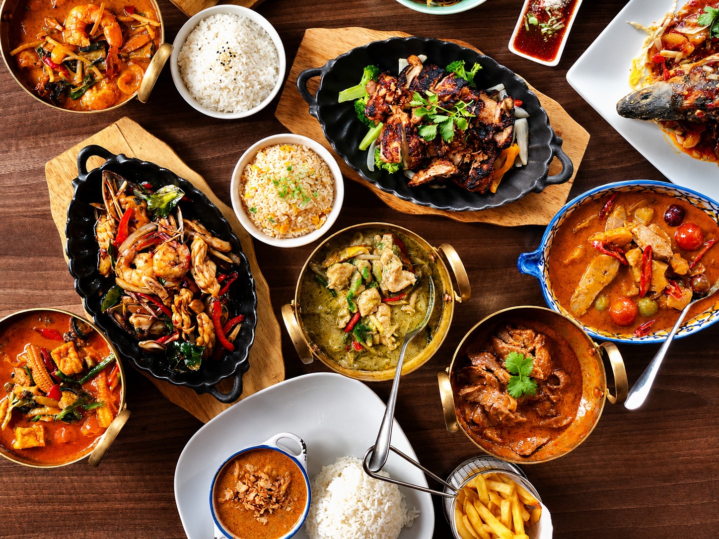 A spread of Thai dishes on a dark wooden table
